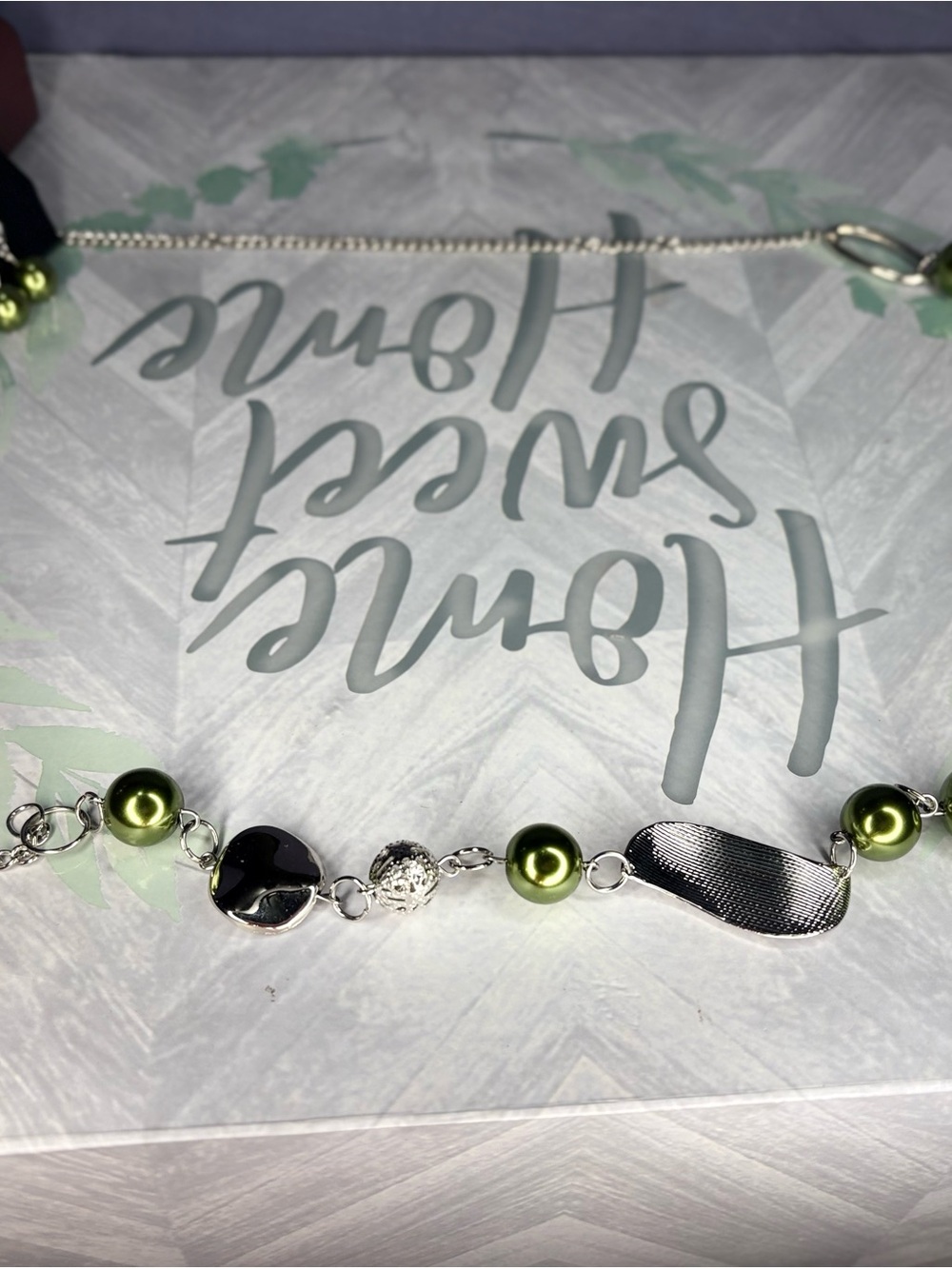 Paparazzi Green Pearl & Silver Link Statement Necklace & Earrings Set